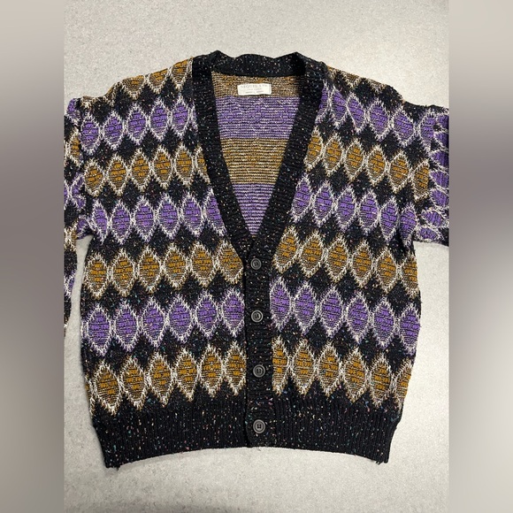 VTG Sequel Black Purple Gold Geometric Pattern Cardigan Sweater—Large (Unisex) - Picture 2 of 6